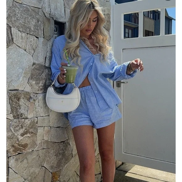 White Fox Boutique Always About Us Striped Button Up Shirt Light Blue Size S/M - Picture 6 of 15